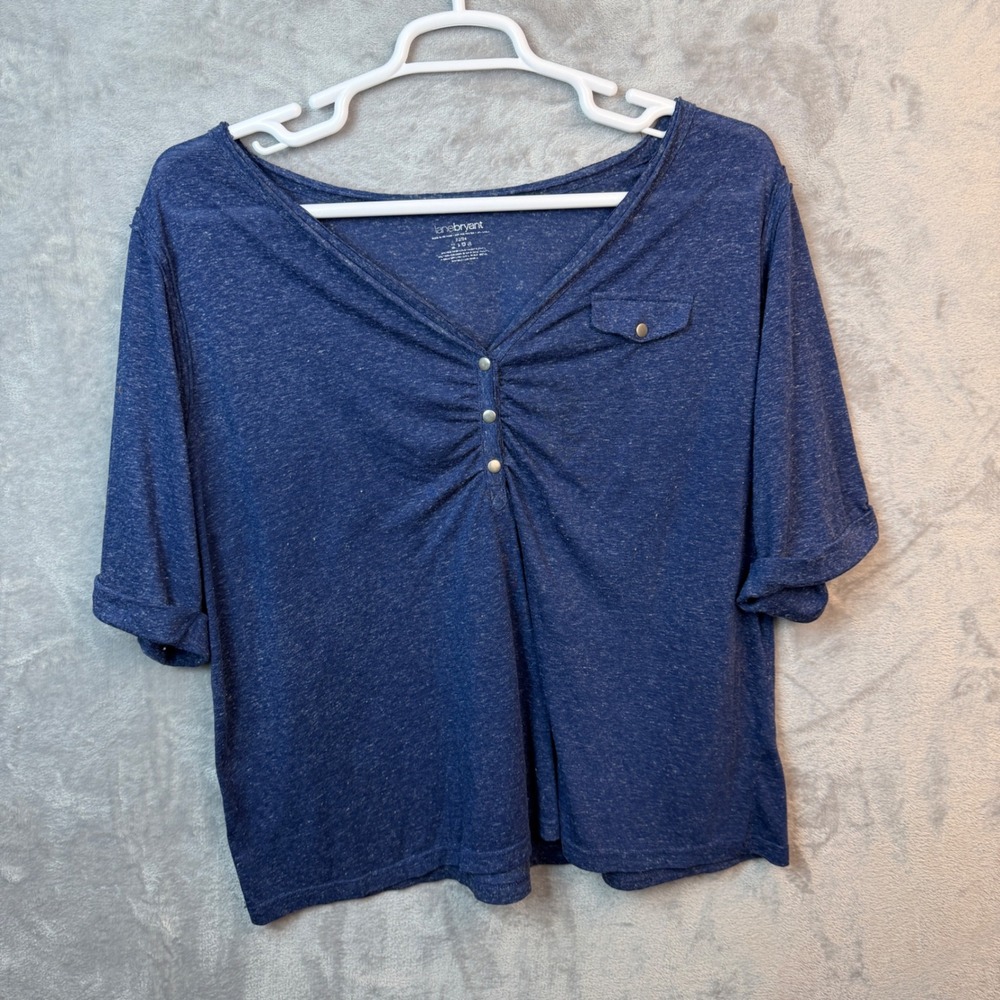 Lane Bryant Top Womens 22/24‎ Blue Heathered V-Neck Snap Detail Short Sleeve Tee